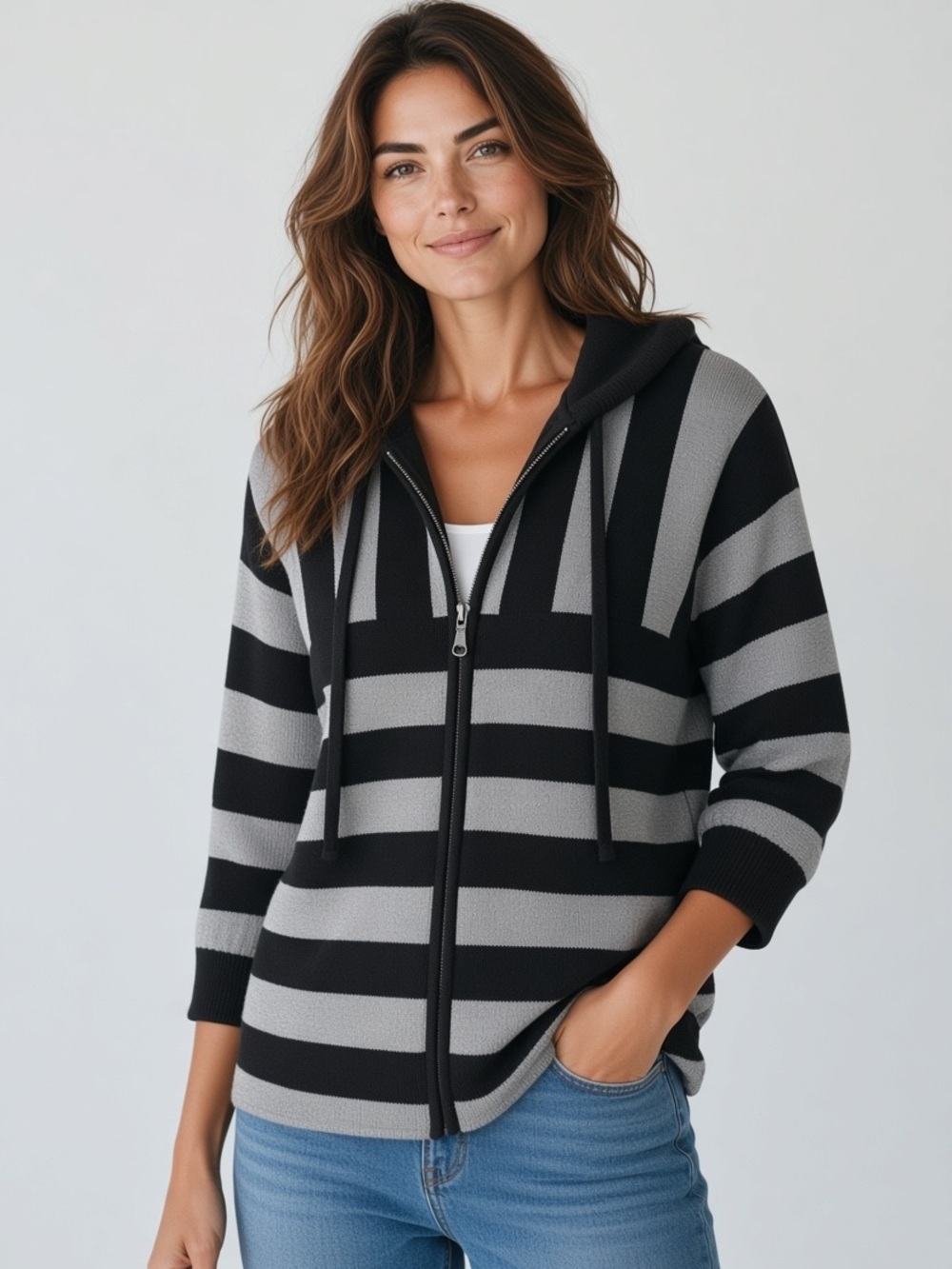 Style & Co. Striped Knit Full Zip Hoodie Size L Black Silver
Metallic